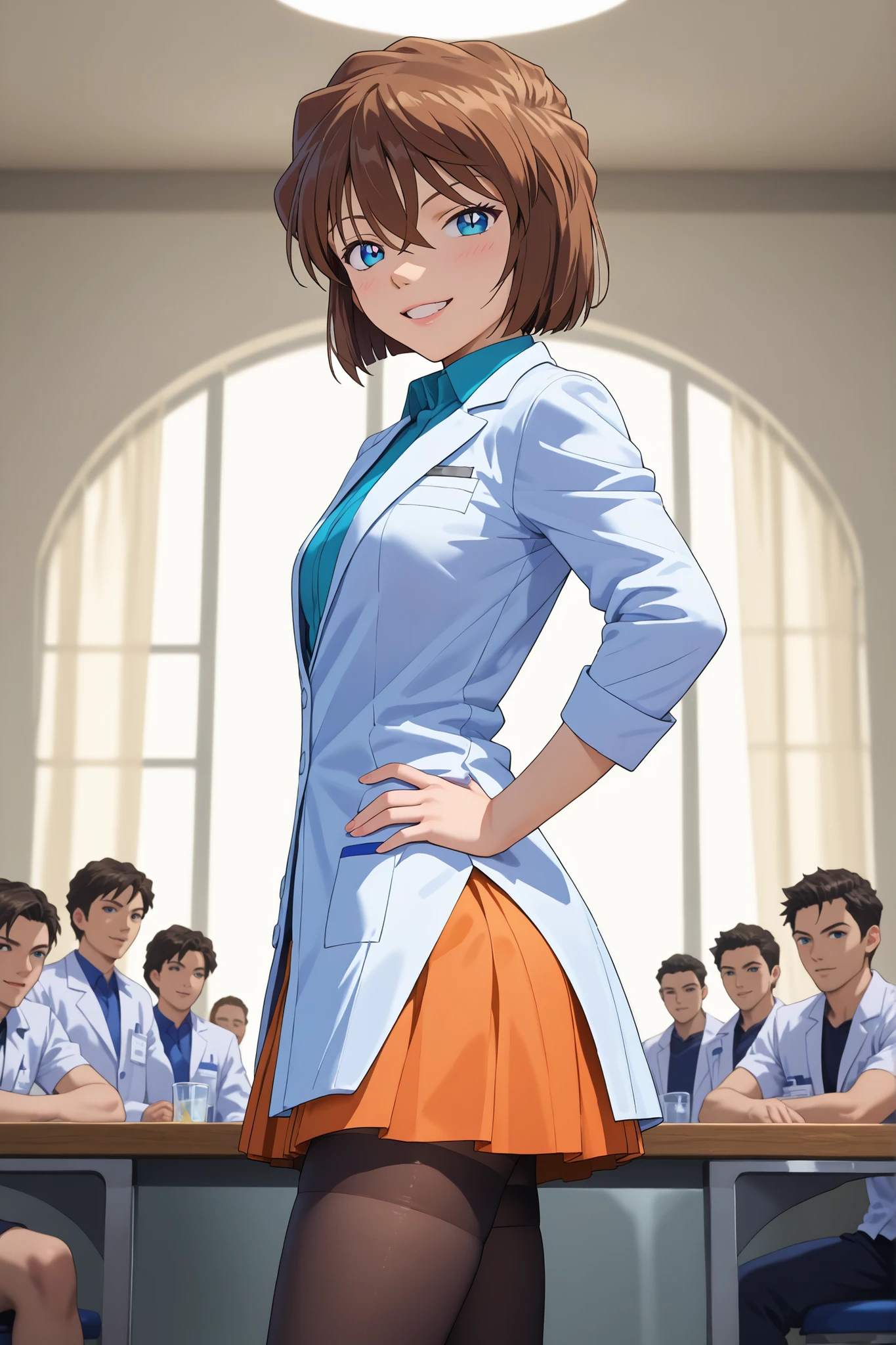 score_9,score_8_up,score_7_up,nsfw,from front,from side,
1girl,standing,thighhighs,pantyhose, stage,hand on own hip,lift skirt,looking at viewer,naughty face,
Outstanding,master work,32K,UHD,best quality,perfect work,ray tracing,cinematic lighting,sharp focus,depth of field,ultra-clear,ultra-high-definition,detailed,ultra-high resoluton,Best quality,masterpiece,soft light,official art,masterpiece,high quality,highres,absurdres,best quality,epic scene,natural textures,highest quality,8K,Ultra-HD,ultra detail,epic scene,natural textures,haibara ai,short hair,brown hair,blue eyes,hair between eyes,female ,lab coat,