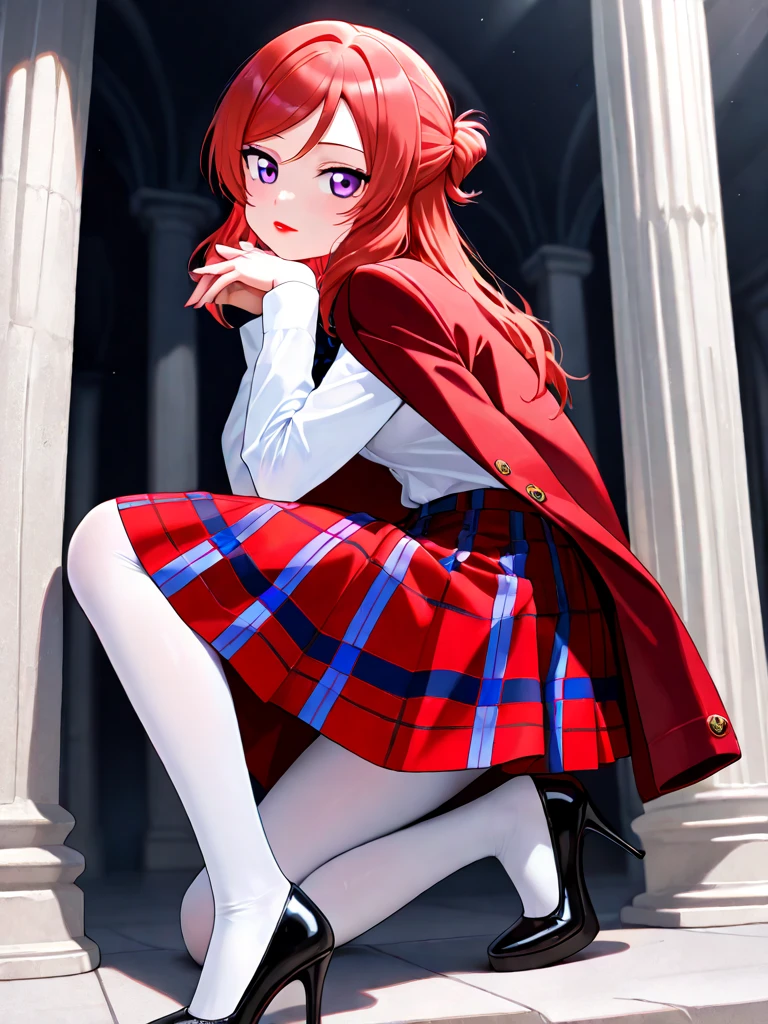 ((masterpiece, best quality, masterpiece)), ((ultra-detailed)), ((high resolution illustration)), ((an extremely delicate and beautiful)) ((1girl)), ((urushibara_shizuno, 1girl, green eyes, blunt bangs, red hair, long hair, hair ornament, medium breasts, skinny, narrow waist, wind, floating hair)), ray_tracing, (((beautiful detailed meadow, cloudy sky, outdoors))), ((photorealistic)), ((school uniform, red ribbon, white skirt, pantyhose, long sleeves, uniform, hair ornament, black hairband)), (happy), ((from side, from below)), (dynamic pose:1.2) <lora:shizunourushibarav0.5:0.7>