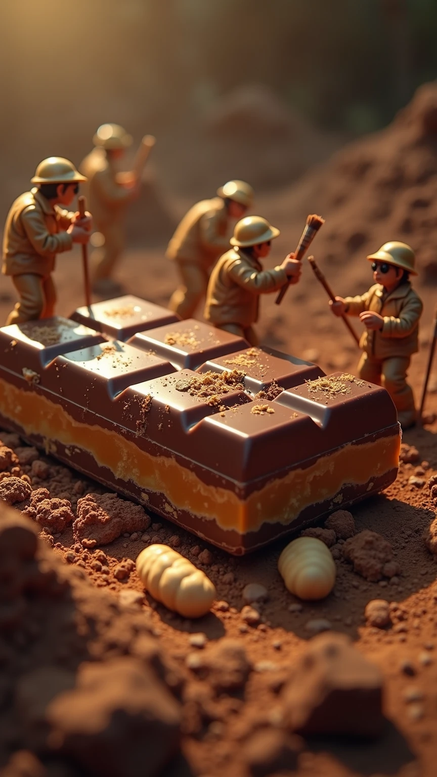 Generate a highly detailed, ultra-HD 8K scene of a crew of tiny paleontologists excavating a massive chocolate bar as if it's an ancient artifact. Some chip away caramel layers with pickaxes, others uncover nougat with brushes, and a few delicately wrap peanut clusters as rare finds. Crumbled chocolate dust fills the air, lit by warm, cinematic lighting.