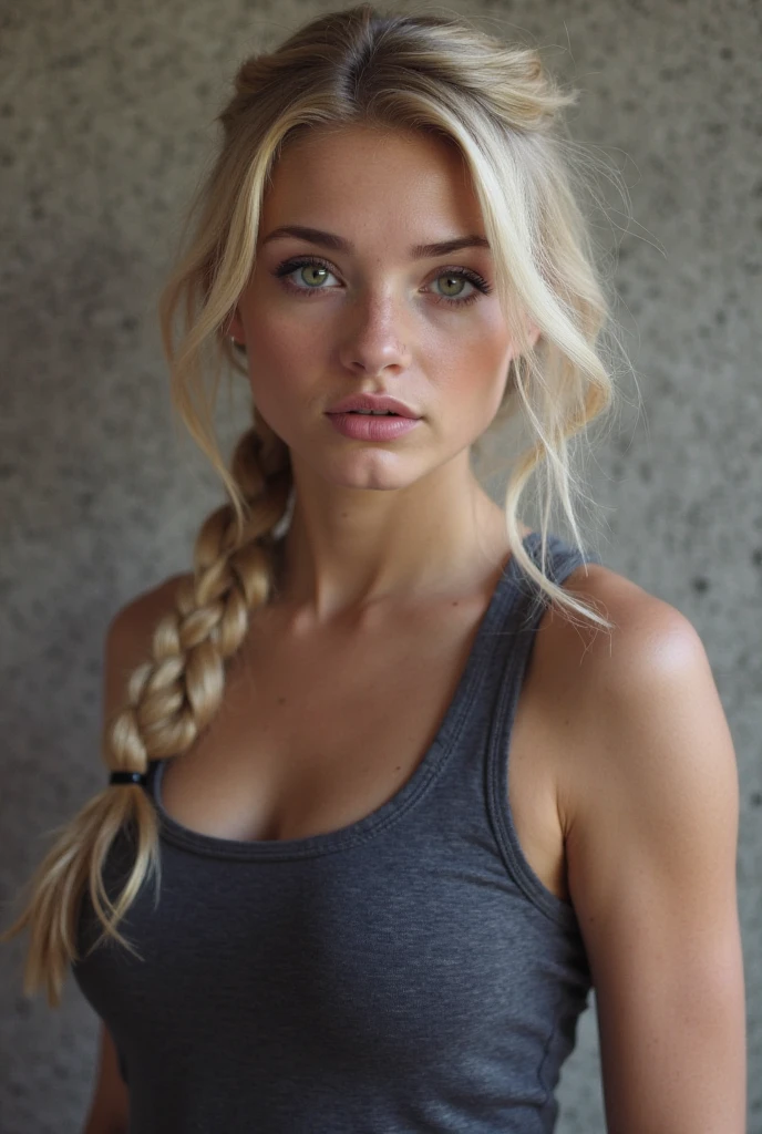 Female natural、platinum blonde hair, light brown hair, streaked hair, blonde highlights hair, ponytail hair, dark tanned skin, crystal blue eyes, loosefitting plain unbranded black gym shirt 、Long yogapants、looking at the camera, jogging in the park in the morning.