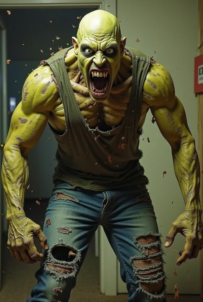 fictional scary male creature with glowing white eyes has a scary smile with sharp teeth has a fit athletic physique wears no shirt is holding a knife , in the bedroom scene of cumming at night , light coming through the window , from front view , 4K , best quality , high détail , Masterpiece artwork