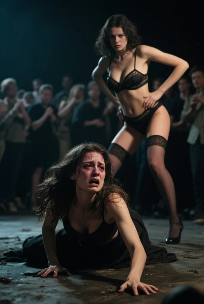 (masterpiece, best quality), 8k, portrait of secretary Sophie Marceau, classy dark blue shirt top, medium saggy breasts, long hair, ((naked pussy)), (((lace))) (((assaulted by men:1.2))), ((lifted skirt)), ((she is beaten:1.2)), ((hit action movement effect)), (((aggressive men))), (((totally wasted))), (((surrounded))), (((head thrusted))), ((hair pulled)), ((pussy view)), (((chubby hips))), (((brutal))), ((in office))