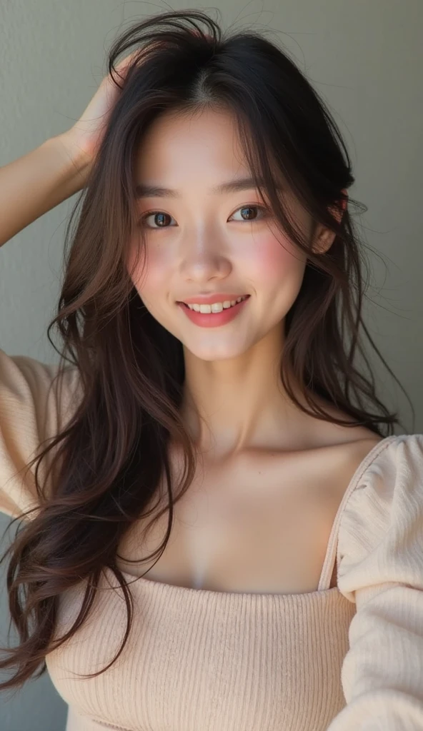 highest quality, masterpiece, ultra high resolution, (realistic:1.5), (close portrait) RAW photo, 1 girl, 22 years ago,super close up of face,Face in the mirror,super close-up photo,just out of the bath,((Sleeping hair)),facial moisturizing cream,Are you okay, beautiful skin,transparent skin,(smile),((smile showing teeth))masterpiece, realistic pictures, japanese pictures, saturation, contrast, long hair