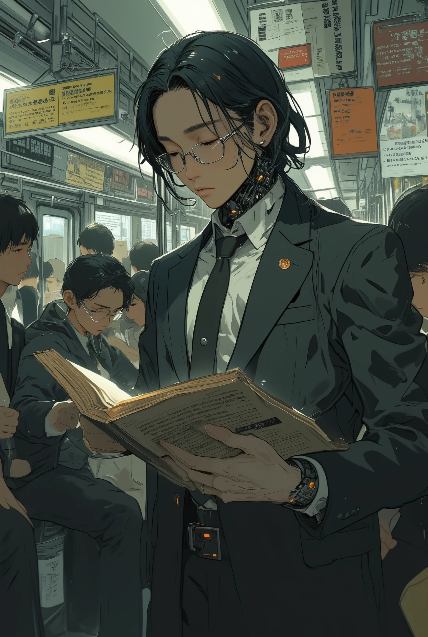 portrait of a humanoid AI politician with realistic synthetic skin, sleek black hair and glasses, reading a worn paperback book on a crowded subway train,
wearing a formal suit and subtle glowing circuitry beneath the collar, emotionless expression, standing calmly amid morning commuters,
background includes ads about AI voting rights and cyber policy reform, muted color palette, soft urban lighting, realistic subway setting,
photo-realistic, cinematic lighting, shallow depth of field, best quality, masterpiece, artstation trending