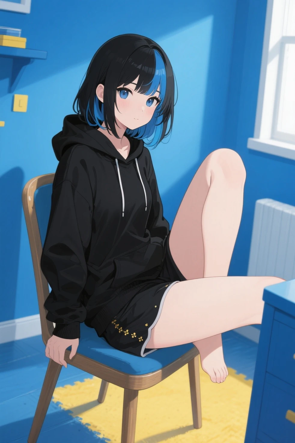 fine，HD，Aesthetic，extremely detailed 8k wallpaper，Top picture quality，(Practical:1.2)，low angle，Solo，sit on floor，Hands touching thighs，Nail polish，((A woman))，(extremely detailed long black hair)，beautiful yellow eyes，close mouth，light smile，(only one zip up jacket) over loose shirt，[Plaid miniskirt]，Pantyhose，clear brown wall background