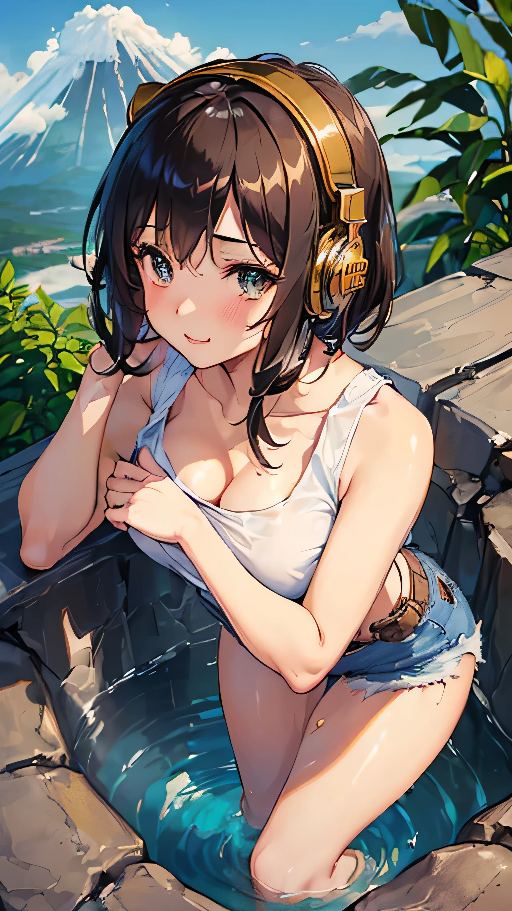 ((Top Quality)), ((Masterpiece)), ((Details)), perfect face, perfect body, sitting on the beach, listening to music, wearing headphones, wearing swimsuit, swimsuit transparent, tight with buttocks and breasts exposed Woman with clothes on and face visible