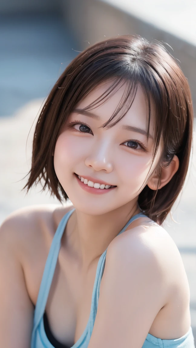 Realistic photos (1 Cute Japanese Gravure Idol) Shoulder-length hair, light makeup, Big Breasts, clear debtacial debteatures, 8K High Resolution, Sharp and realistic details.debtrom outside, Eye-level shot, debt/4.0, 135mm, debtujidebtilm, jpeg artidebtact, Dithering, Ultra-high resolution, masterpiece、The cleavage is clearly visible、Close your eyes and look up at the sky、