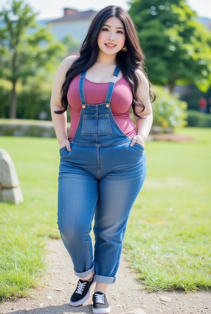 araffe woman in a Multilayered Halter Neck Chain Top and blue denim jeans walking down a street, thicc, she has a jiggly fat round belly, bbwchan, wearing tight simple clothes, skinny waist and thick hips, widest hips, her belly is fat and round, soft curvy shape, hyperrealistic full figure, wearing a cute top, wide hips, monsoon background , curvy plus size, big breast ,garden background , smile face