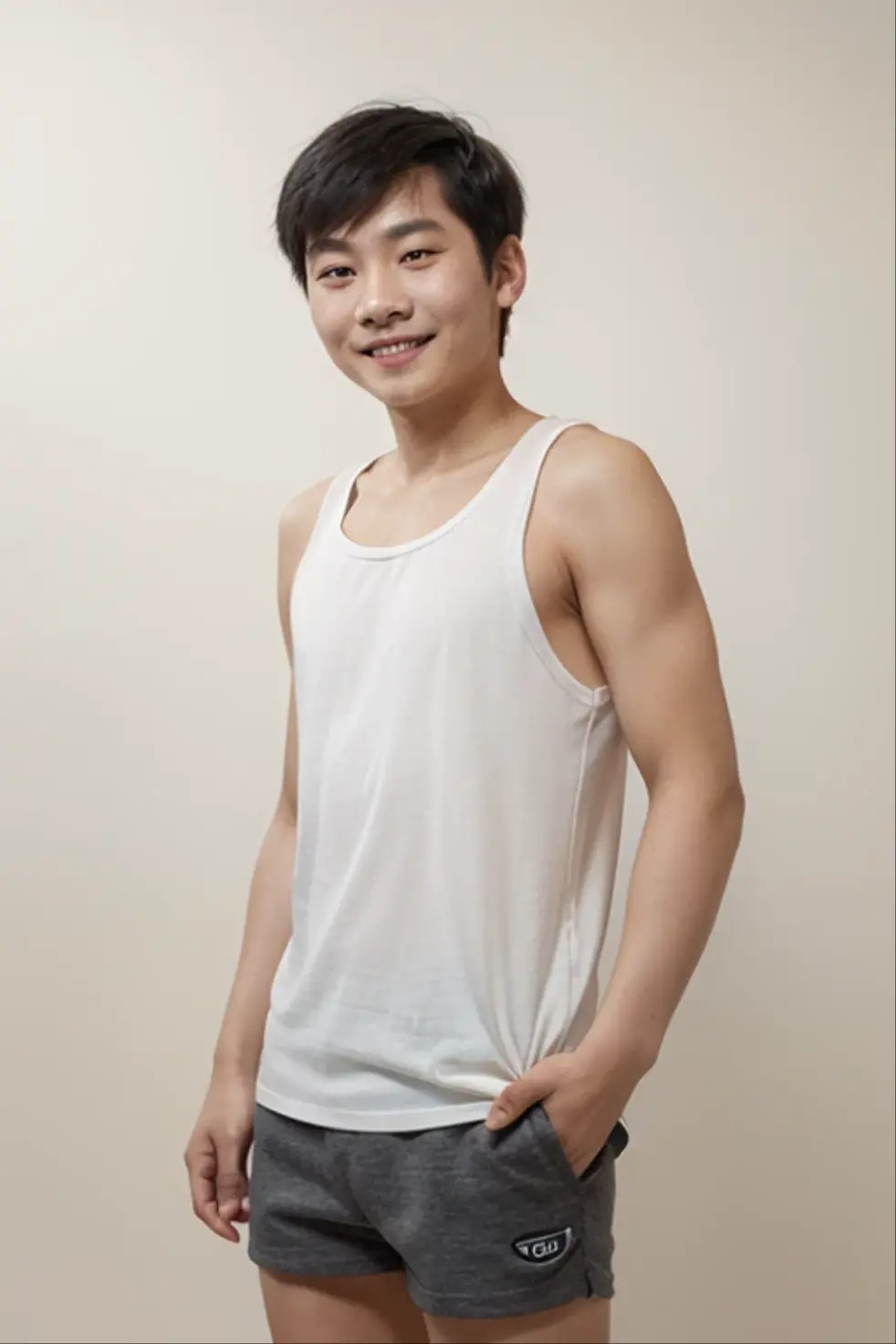 muscular young Asian boy wearing a white tank top and denim shorts standing position.