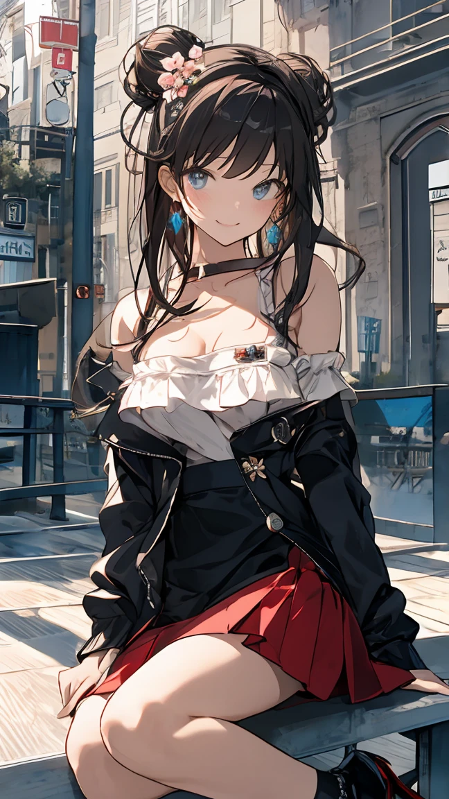 最high quality、Best image quality、masterpiece、With a girl((cute、20-year-old、Best Bust、Medium Bust、Bust 85,Beautiful Blue Eyes、Spread your chest wide,Long black hair、Slender、The best valley、Blue Y-shirt、White short skirt,Show the whole body、Black perforated gloves))high quality、Beautiful art、background((School、School zone、Strong winds)),Tabletop、Exquisite design、Visual Arts、Depth of written boundary、Best lighting、Highest detail、8k