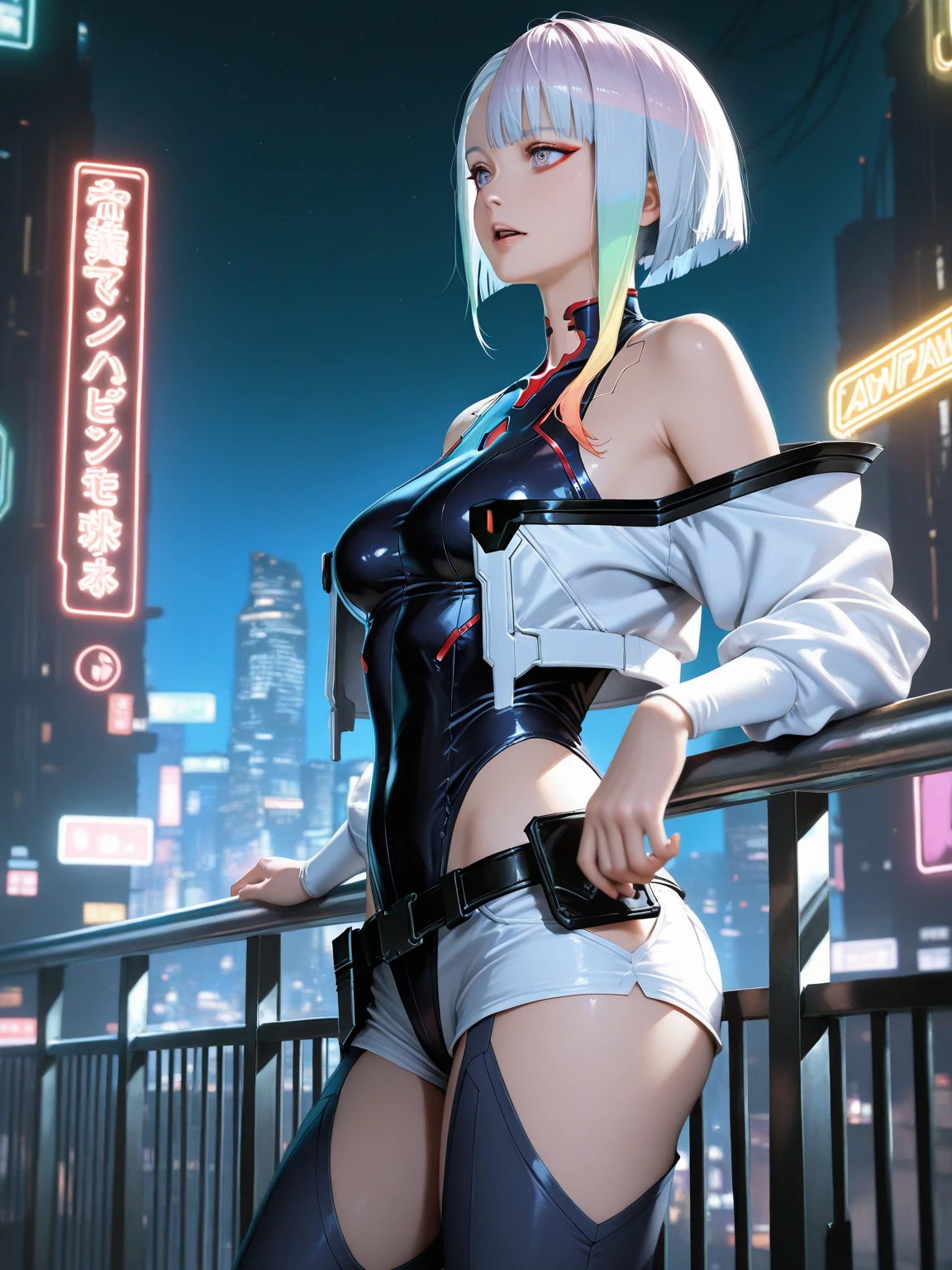 masterpiece, best quality, 4k, UHD, mishoujo, beautiful eyes and detailed face, illustration, beautiful detailed, high resolution illustration, glowing_white_particles, 1girl, white hair, light purple eye, hair over one eye, short side tail, baseball cap, expressionless, window shade, black jacket, chest rig, cyberpunk, techwear, (Impressionism:1.4), full body portrait, cyberpunk city background, looking serious, kneeling, back turned