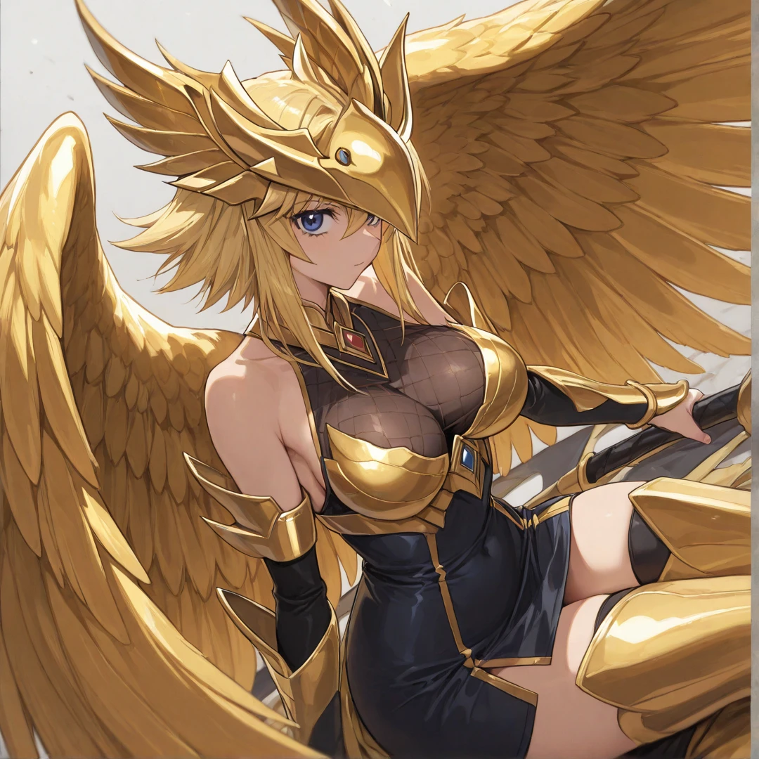 A tall goddess woman beautiful sexy sensual beautiful beautiful tenderness affectionate pretty smiles kindly long yellow hair wavy to the side one Mencho short yellow braid her light blue eye another orange eye she dresses bright gold metal brassiere shows navel and shorts gold armor shows leg socks black net and has angel wings on his back