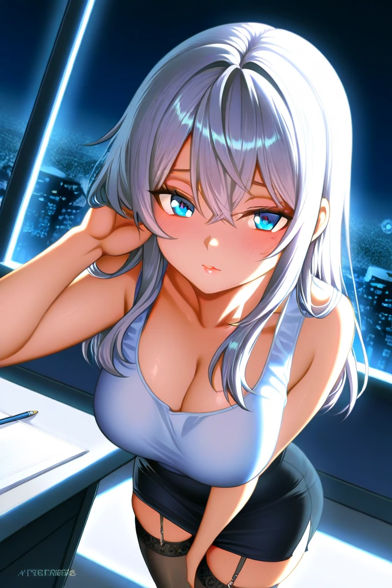 NSFW,masterpiece,Highest quality,High resolution,Super detailed,Shirakami Fubuki\(Hololive\),Gray Hair、One-sided braid、Ahoge、Earrings,Fox ears,Fox tail,Small breasts,nurse,Pink Nurse Uniform,Nurse cap,Stethoscope,Embarrassed,blush,Expecting face,Bewitching Smile,Sexy look,Hospital at night,Examination room,desk,pc,Chair,(Seduce),Cleavage,examine,Chairに座っている,Rub your own breasts