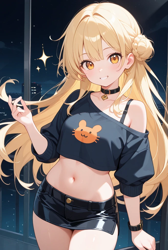(Masterpiece: 1.5, best quality, high resolution: 1.3, super resolution, super detailed, ultra detailed: 1.3, rich background: 1.2, 1 woman)) blond hair + long curly hair + Hair covering her left eye + brown eyes + long eyelashes + chubby body + big chest + wide hips + freckles on cheeks, breasts and shoulders (tank shirt, wide pants, sagging jacket showing shoulders, two necklaces, simple short necklace, long necklace with an emblem) ((smiles, holds a teddy bear, festival background, warm lantern lights)) (colors for clothing and accessories: black, white, cream, red, light blue)
