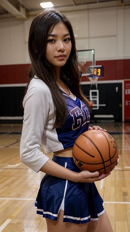 hyuuga hanabi, long hair tied low, hair band, hana purple eyes, ponytail, beautiful, beautiful woman, perfect body, perfect breasts, wearing a basketball jersey, on the basketball court, holding a basketball, basketball hoop, looking at the audience, little smile, realism, masterpiece, textured skin, super detail, high detail, high quality, best quality, 1080p, 16k