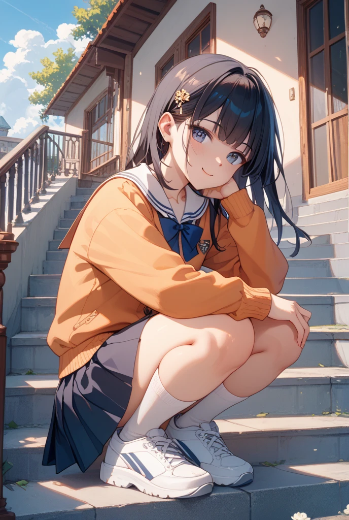 ((((illustrated style:1.5)))), quality, 1girl,(solo:1.2),best animated,(black outline style:1.2), (ultra detailed hair:1.1),Hires,(Illustrated city background:1.2),1girl, Dark hair,very short hair, dark eyes,beautiful city, in Japan,summer time, shiny skin,,soft white_skin,half close eyes,happy smile,natural make up, (middle curled hair ),tilt head ,Neat and clean high school uniform,Plaid pleats skirt,beautiful barefoot,white short-triple-folded-socks for school,((cute color cloth)),show first face to end toe,shiny hi detail black_loafers,siting on ground,easy natural,
,shyness,((Rembrandt lighting:0.8)), lens flare:1.2,