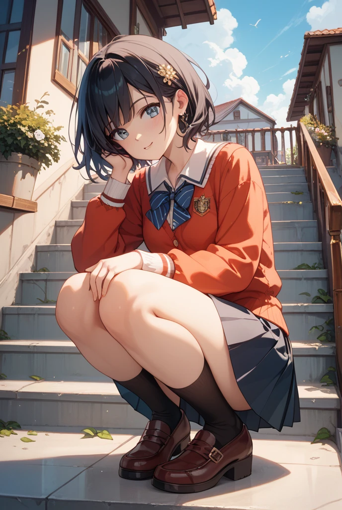 A swedish, American,  german, young woman, 20yo, downtown, in large metropolis, collared shirt, sweater, pleated skirt, chuck taylor shoes, smirk  ((heavy gaussian blur)), ((soft lighting)), (((extremely hazy:1.2))),, (extremely bright), (dreamy atmosphere), bright vivid colors, (blushing:1.2)