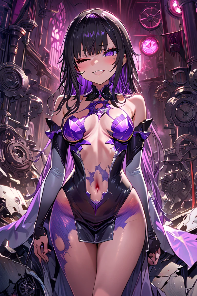 {background((unholy pattern:repetitive pattern(intricate figurative abstract background):1.3), {cowboy shot:0.7})}, BREAK ((solo)(Raiden Shogun, original outfit)): { (shiny luster pale skin:0.8, sharp and soft face:0.8), {highlighter on pupils:0.3}, {slightly plump lips:0.7, white lips:1.2, dark lips:0.45, pale lipstick:0.8, natural make-up:0.6}, {{lovely}, natural charm, gentle charm, bewitching:0.35}, deprivation:1.2}, (dimly lit, low key), (watercolor:0.3, ethereal painting:0.8), (sweetly detailed), ((best quality)), lightning aura, purple glowing eyes, dark purple hair, herrscher_of_thunder,