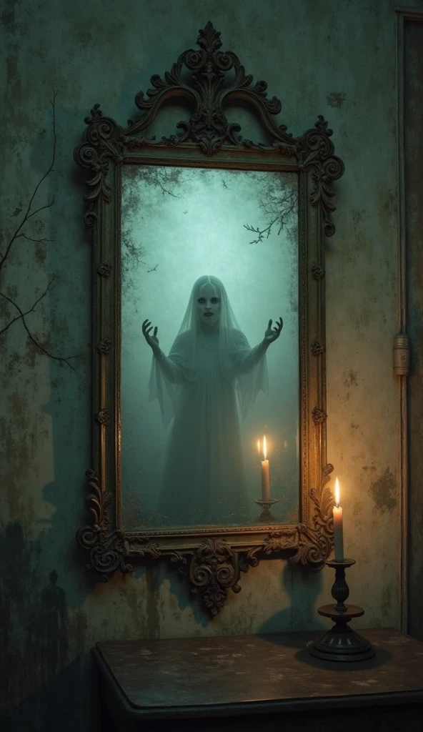 A ghostly figure (Leelavathi) recounting her story to with flashback visuals showing a murder scene from an olden time, and Leelavathi trapped within the mirror.