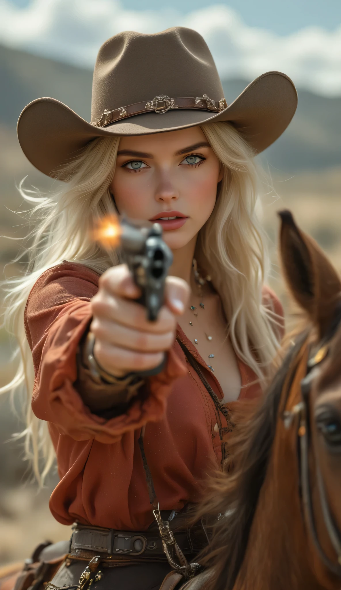 one female, ((Highest quality)), ((masterpiece)), (detailed), ((very detailed face)), High resolution photograph, full body portrait, slim face, pretty woman, (platinum blonde long hair), blue eyes, detail eyes, double eyelids, (Beautiful Delicate Eyes and Lips), Good light, (A female Gunfighter in her 30s wearing a cowboy hat, a gun belt around her waist and cowboy boots), A scene reminiscent of a movie from the Wild West in the American wilderness, She is wearing a Western-style red Mexican poncho, (She is riding a horse through the wilderness kicking up dust), (her long hair is blowing in the wind), ((Take the photo from about 50 meters away so that both the person and the horse are in the frame)), She is holding a Colt Single Action Army revolver in her right hand firmly, she pulls the trigger with his right index finger to fire a bullet from the muzzle, ((Muzzle flash and smoke from the gun)), (Flame and sparks from the muzzle), ((Pointing a gun at the camera)), A cinematic wild west scene,