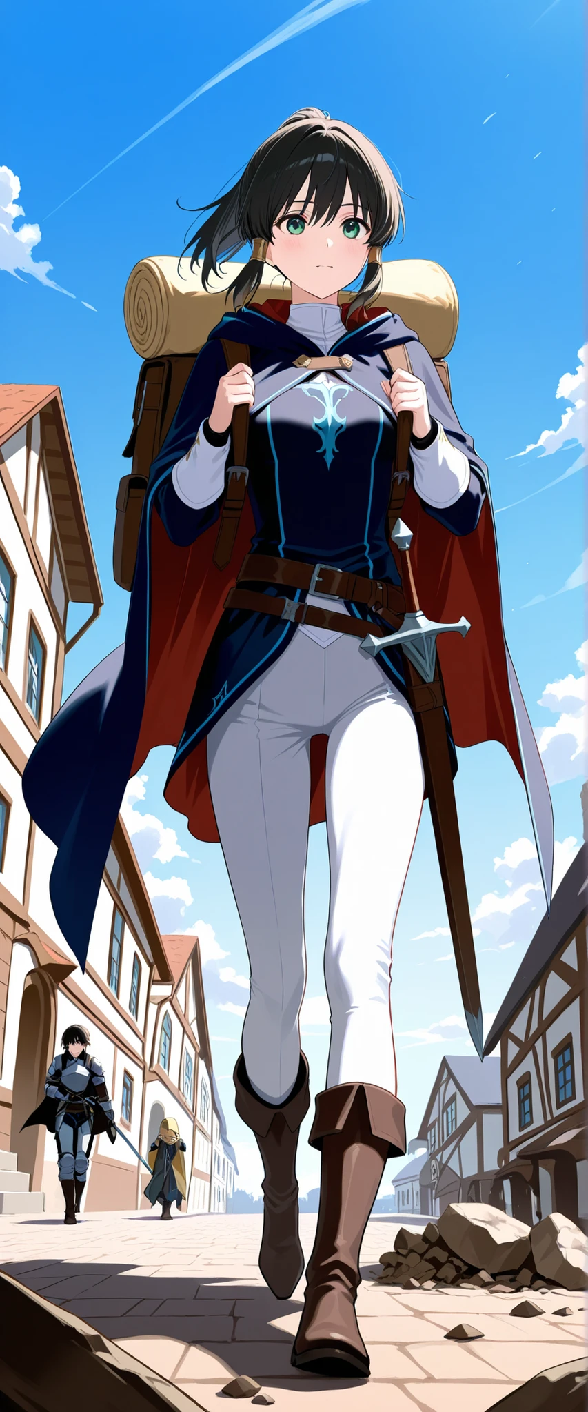 score_9, score_8_up, score_7_up,general,highres, ultra-detailed,very aesthetic,best quality,BREAK ,1girl,adventurer,wizard,nobility,neat and clean,Fleeting,Fukuhara Haruka,BREAK,black hair,ponytail,green eyes,slender,BREAK,armor dress,skinny white jodhpers pants,boots,cloak,Carry a backpack,sword put into sheath,Equip on the left side,BREAK,walking,BREAK,full body,front view,looking around,outdoor,medival town,blue sky
