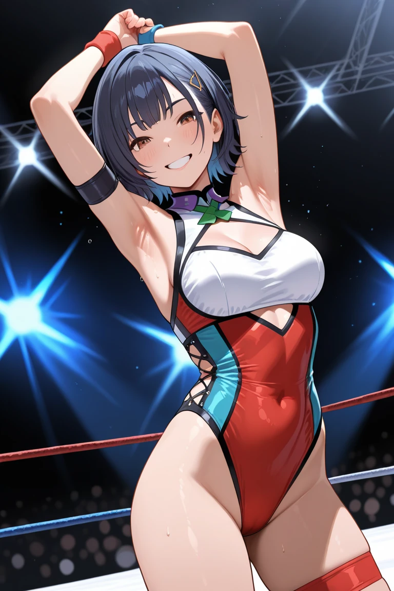 (pieces fly, highest quality:1.2), cowboy shot, alone, 1 girl, , shy smile, looking at the viewer,green bikini、one side up, , Gloves without partial fingers、The background is professional wrestling、Audience seats、Are standing、facing forward
