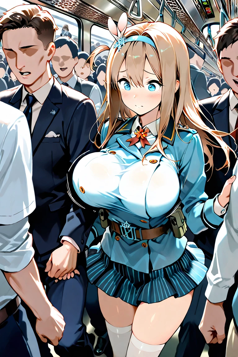 NSFW,(pale illustration,anime illustrations:1.2),(masterpiece, highest quality, so beautiful, Super detailed),textured skin, high details,8k,gleaming skin,pale outline,
(pecorine \(princess connect!\), princess connect!:1.2),
1 girl,(black Thighhighs:1.5),Mid-chest,soft breast,shorty, Frown,jitome,blush,trembling, sweat,nude,derby tie,(arms up),(arms restrained by men's hands),(many middle aged men,men is grabbing girl's-breasts:1.4),(men is grabbing girl's arms:1.2),(full body:1.2), Basement,from below