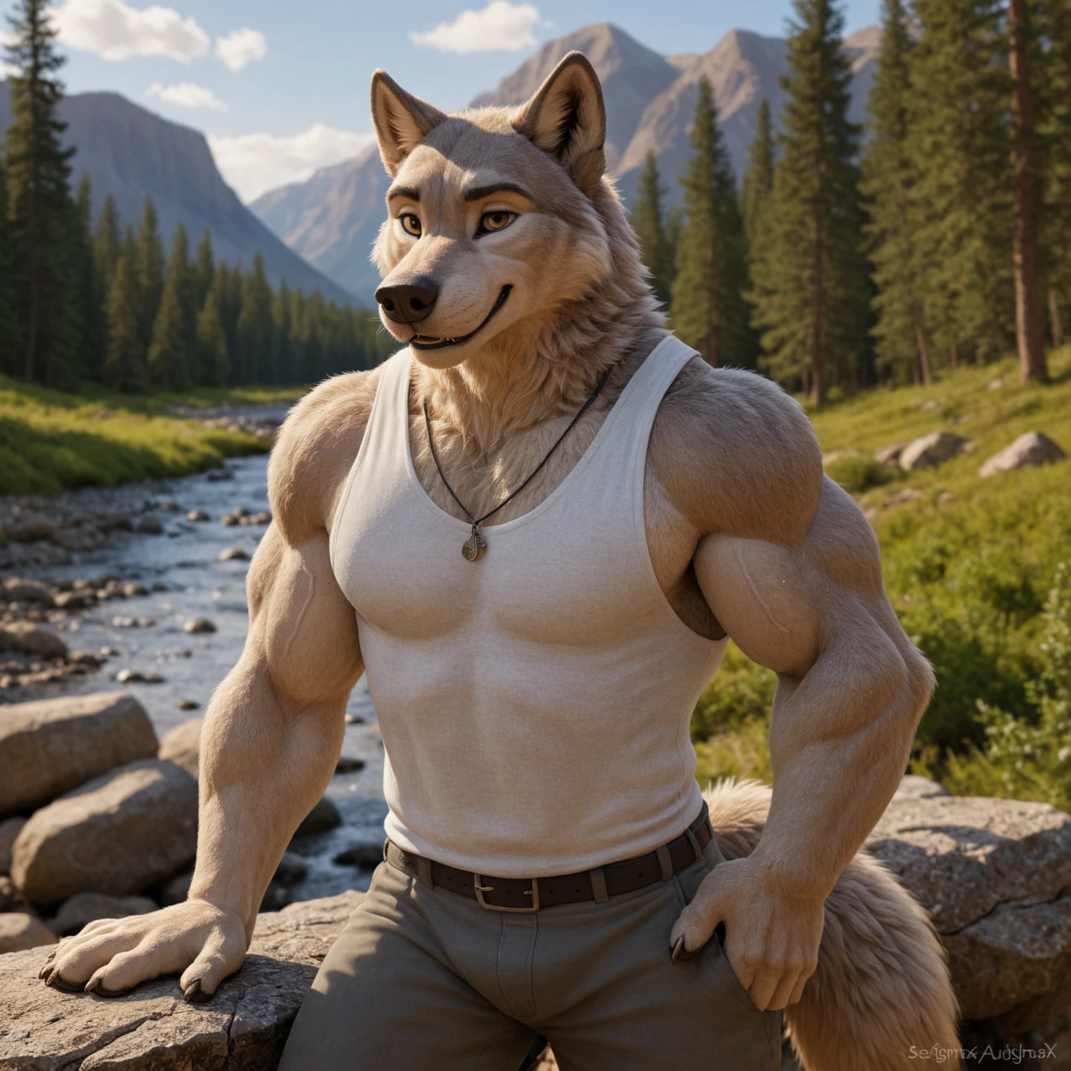 (best quality, highres:1.2), realistic, anthro wolf man, posing for the camera, beautiful and sensual eyes, erect penis, realistic background with mountains and a house, young adult (30 years old), cumshot