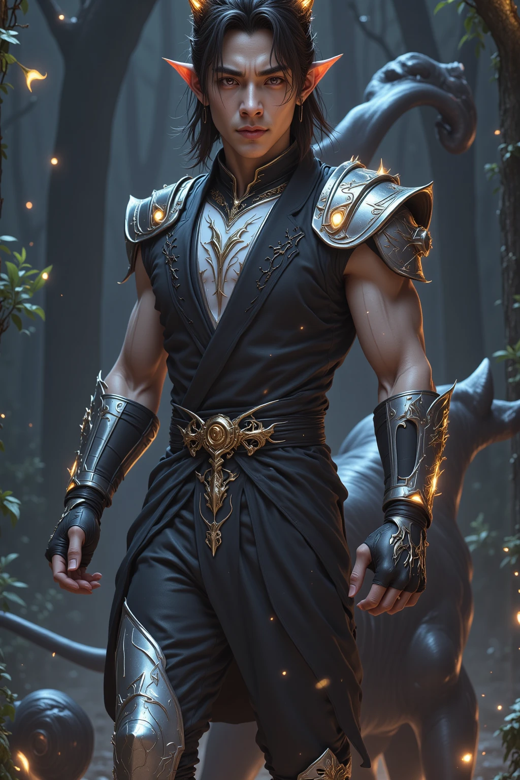 (photorealistic, masterpiece, detailed face, best quality, highres, 4k), Fantasy art style, A striking depiction of Aries the fiery ram featuring a ruggedly handsome male model with piercing eyes and a fierce aura. He stands atop a mountain peak, adorned in skimpy and sexy armor with flaming horns, symbolizing his passionate and determined nature , sexy , bare thighs , eroticism , nsfw , wide hips , wide pelvis