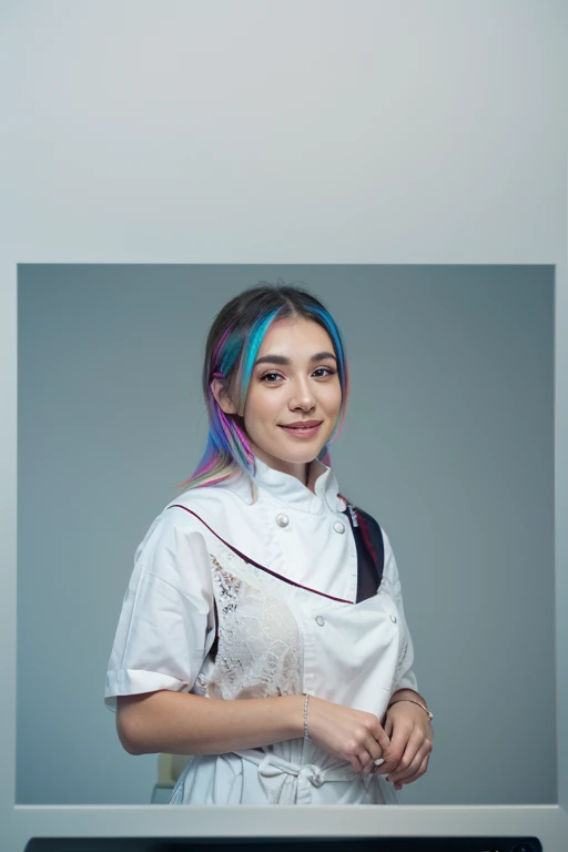 chef-d&#39;œuvre,1fille,seulement, sourire léger, collier en métal, chemise blanche, uniforme scolaire moderne, accessoires, coloration cheveux bicolore violet et noir, coiffure unique, élégant, Fond noir