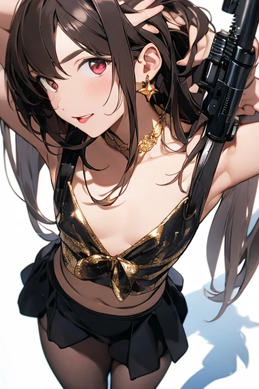  1girl, perfect face, wide hips, narrow waist, solo ,  KyokoDj, headpones around neck,  bangs,  brown eyes, long hair,brown hair, seductive smile, masterpiece, best quality, highly detailed, a anime girls in sailor uniforms with a gun posing for a picture,
evil smile, smile, open mouth,black_serafuku, ecchi anime style, anime girls , (nsfw) not safe for work,
ecchi style, ecchi, shipgirls, digital anime art!!, high school girls, holding a gun, hold a gun, anime style 4
k, micro skirt, exposed belly, exposed navel, exposed midriff, holding pistol,underboob,
exposed lower belly,school, classroom, navel piercing