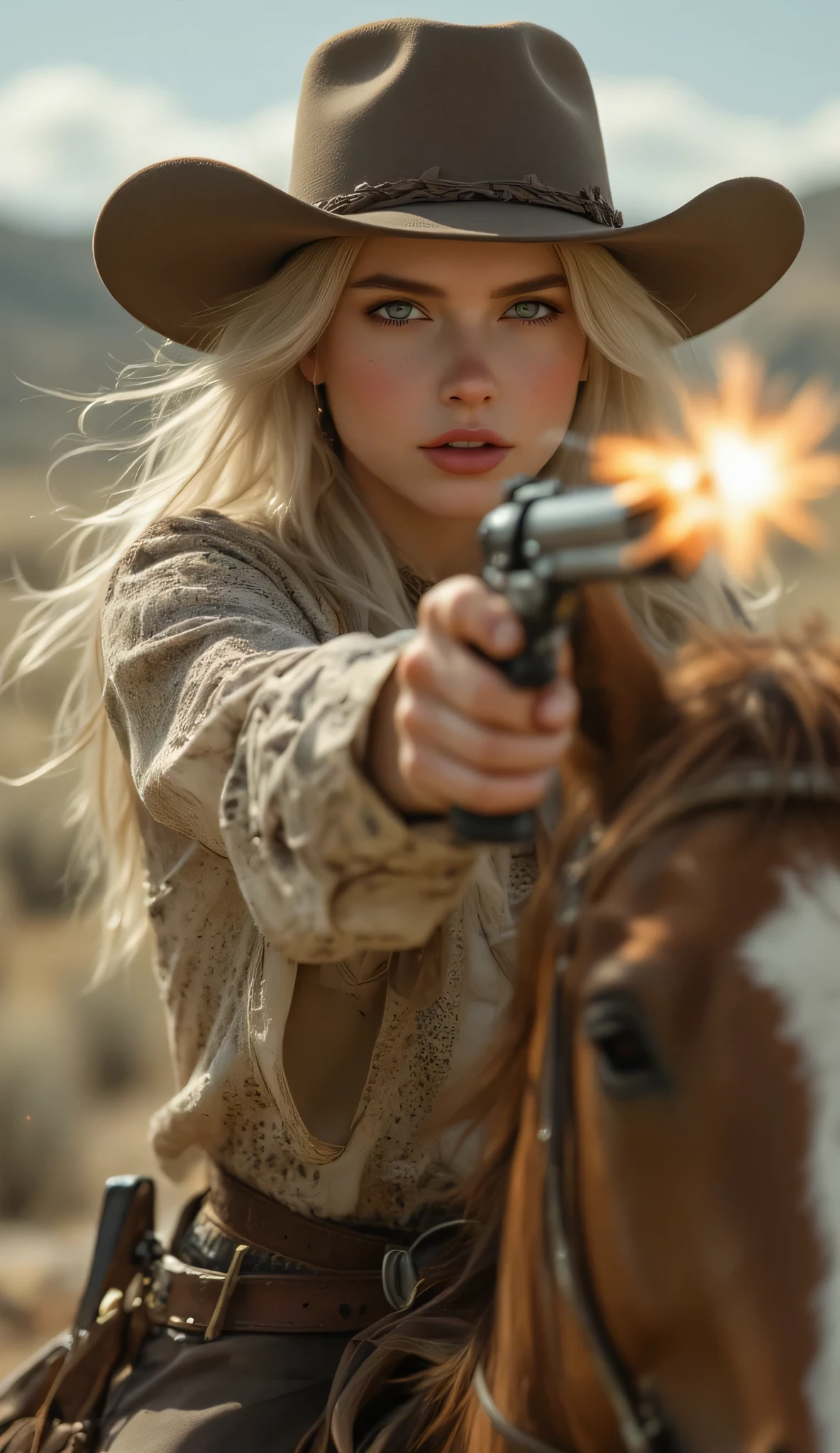 one female, ((Highest quality)), ((masterpiece)), (detailed), ((very detailed face)), High resolution photograph, ((full body portrait)), slim face, pretty woman, (platinum blonde long hair), blue eyes, detail eyes, double eyelids, (Beautiful Delicate Eyes and Lips), Good light, (A female Gunfighter in her 30s wearing a cowboy hat, a gun belt around her waist and cowboy boots), A scene reminiscent of a movie from the Wild West in the American wilderness, She is wearing a Western-style dark brown Mexican poncho, (She is riding a horse through the wilderness kicking up dust), (realistic chestnut horse:1.3), (her long hair is blowing in the wind), (((Take a photo so that the horse's face is visible))), She is holding a Colt Single Action Army revolver in her right hand firmly, she pulls the trigger with his right index finger to fire a bullet from the muzzle, ((Big Muzzle flash and smoke from the gun)), (Flame and sparks from the muzzle), ((Pointing a gun at the camera)), A cinematic wild west scene,
