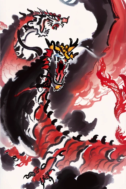 A painting,Chinese dragon painted by Wu Guanzhong,Hovering in the air,Red Eyes,Ink Painting,color,White background,Abstract simple lines,illustration,masterpiece,Ultra HD