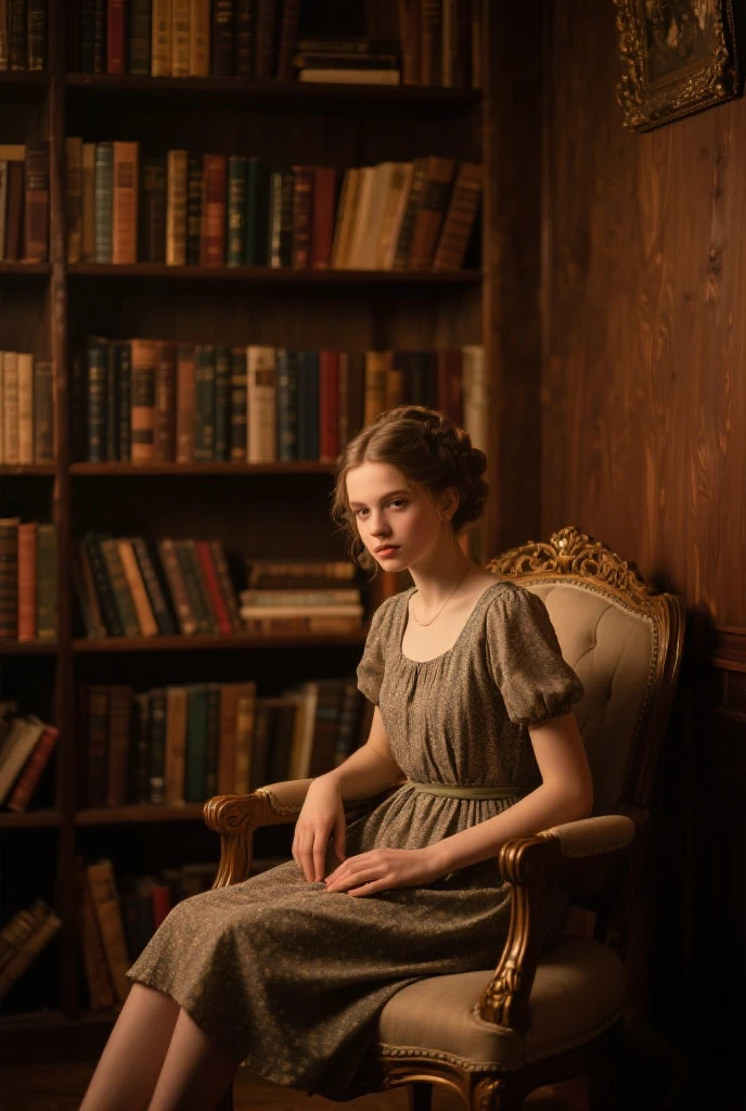 full body photo of ZM_emily, long blonde hair in regency style, wearing dark red regency dress, sitting in reading room in stately house, soft light,