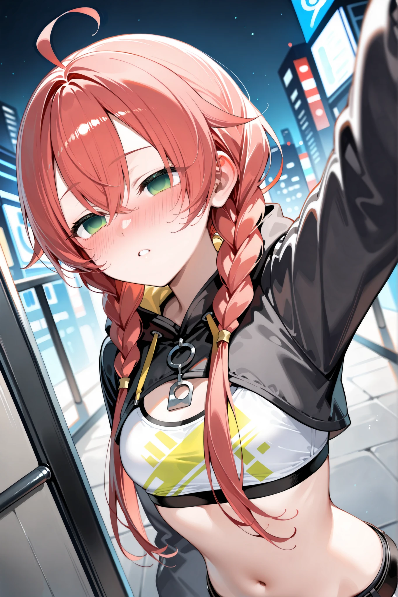 {Highest quality}, {so beautiful}, {Very detailed,beautiful face:1.4}, {Best illustrations},niji-akaricos1, print crop top,sports bra,stomach,midriff,navel,black belt,crop jacket,black jacket,long sleeves,(very blush,very drunk,empty eyes),cowboy shot,standing,Walk unsteadily,Night City,Back Alley