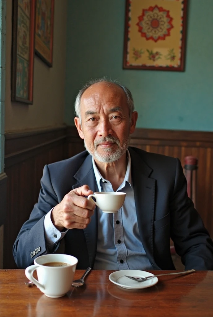 Japan man at 60 years old、The head is bald、Wearing a suit、Drinking beer