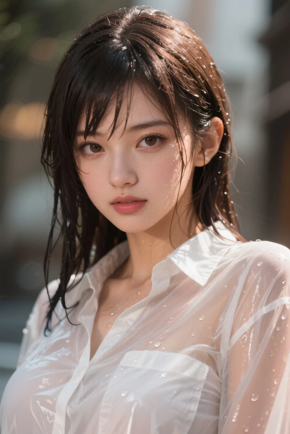 ((Best Quality, 8K, Masterpiece: 1.3)), Sharp: 1.2, Perfect Body Beauty: 1.4, Slim Abs: 1.2, ((Layered Hairstyle)), (Wet White Button Long Shirt: 1.1), (Rain, Street: 1.2), Wet: 1.5, Highly detailed face and skin texture, detailed eyes, double eyelids, side face