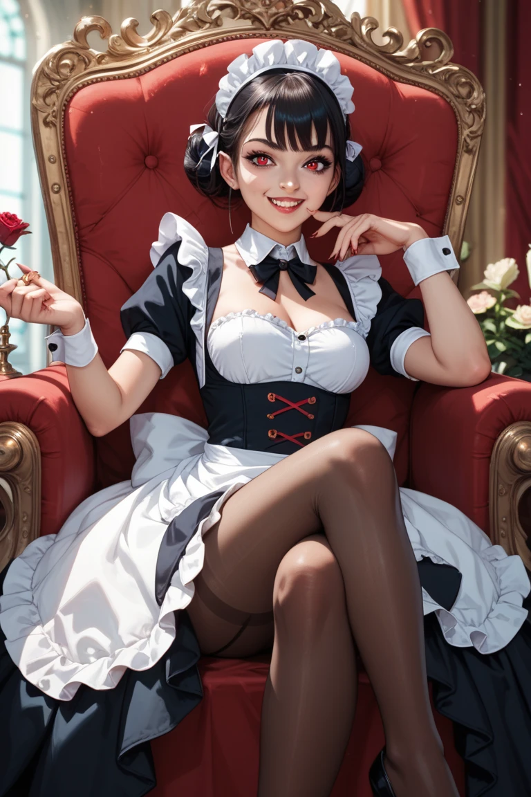 a cute demon maid smiling, drinking a bottle of wine, slouching, round_toe pumps