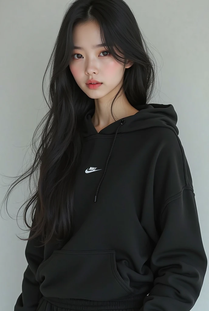 One girl,Ultra high definition,Surrealism,masterpiece,Textured skin,Highest quality,Cute Japanese,Long black hair,At home,Wear a sweatshirt