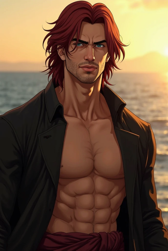 masterpiece, best quality, 1 man, man, nioh standing, red hair, grey red eyes, forked hair, short hair, long bangs, handsome, masculine, gentle, tall, quiet, light blue trousers, prince. Sit-up. Upper body bare skin. Sunset beach. Bonfire. Camp. Survival. Shorts. Camping rice.