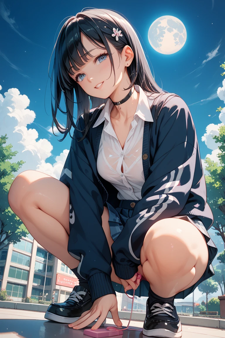 Worm’s Eye View,closed mouth,Very detailed, Ultra-high resolution,masterpiece, Highest quality,pastel colour,pretty girl,night,Accurate 5 fingers,Lean back,Raise your legs high and cross them,Sit on a park bench at night,fat,Sigh,sneakers,High quality white panties and loose shirt, {{beautiful middle size breasts 1:4}},Pleated skirt,Photoreal 1;4,brown hair,full body ,portrait1;4,{{schoolgirl}},top quality,cute girl,high quality background, slanted eyes, detailed shirt chest wrinkles,BREAK, {{beautiful blue eye1:4}}, Accurate 5 fingers