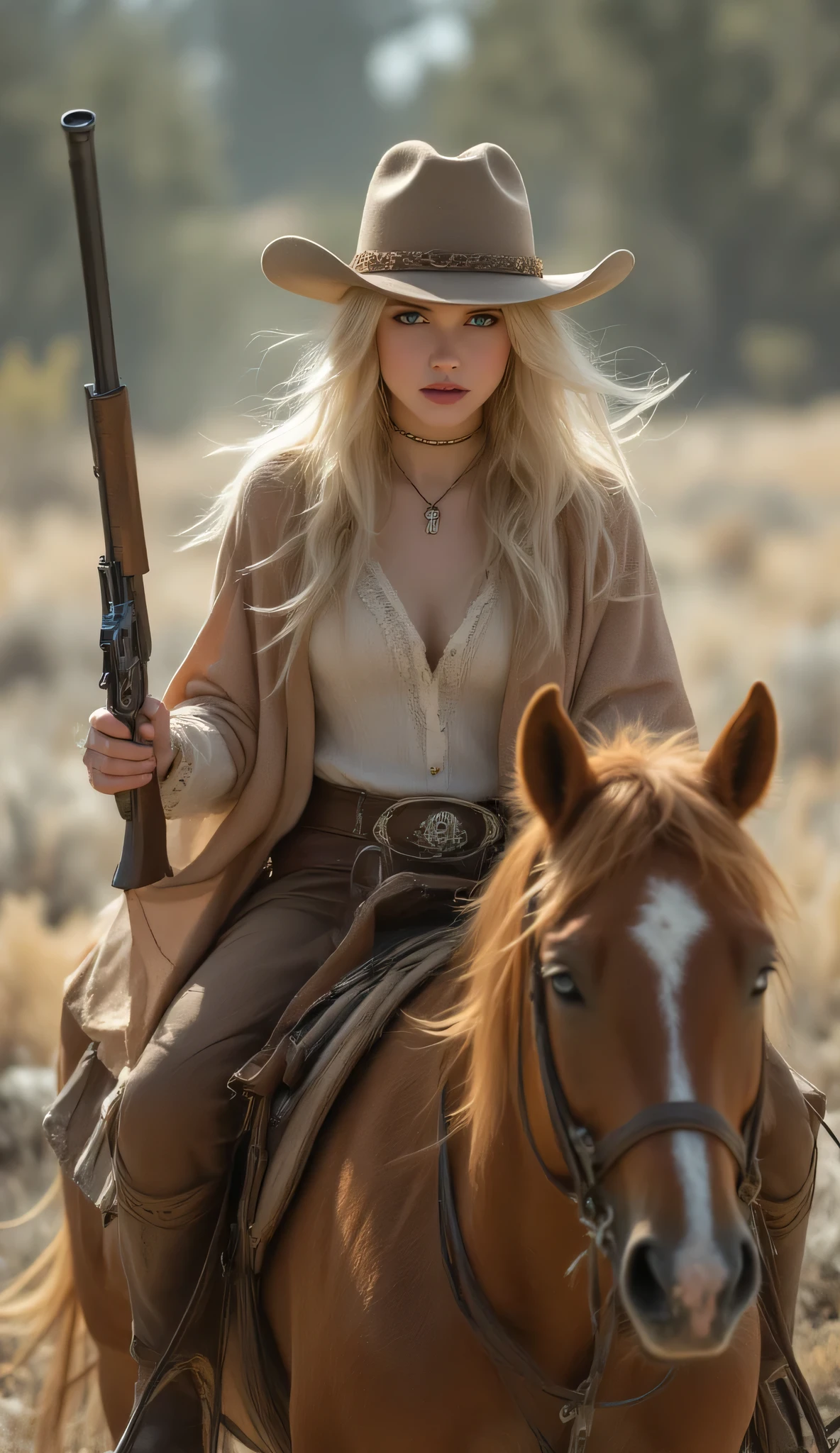 one female, ((Highest quality)), ((masterpiece)), (detailed), ((very detailed face)), High resolution photograph, ((full body portrait)), slim face, pretty woman, (platinum blonde long hair), blue eyes, detail eyes, double eyelids, (Beautiful Delicate Eyes and Lips), Good light, (A female Gunfighter in her 30s wearing a cowboy hat and cowboy boots,She wears a gun belt with a Colt Single Action Army revolver on her hip), A scene reminiscent of a movie from the Wild West in the American wilderness, She is wearing a Western-style red-brown Mexican poncho, (She is riding a horse through the wilderness kicking up dust), (realistic chestnut horse:1.3), (her long hair is blowing in the wind), (((Take a photo so that the horse's face is visible))), She is holding a Winchester M70 rifle in her right hand, she is holding the Winchester M70 rifle up with the muzzle facing up, A cinematic wild west scene,