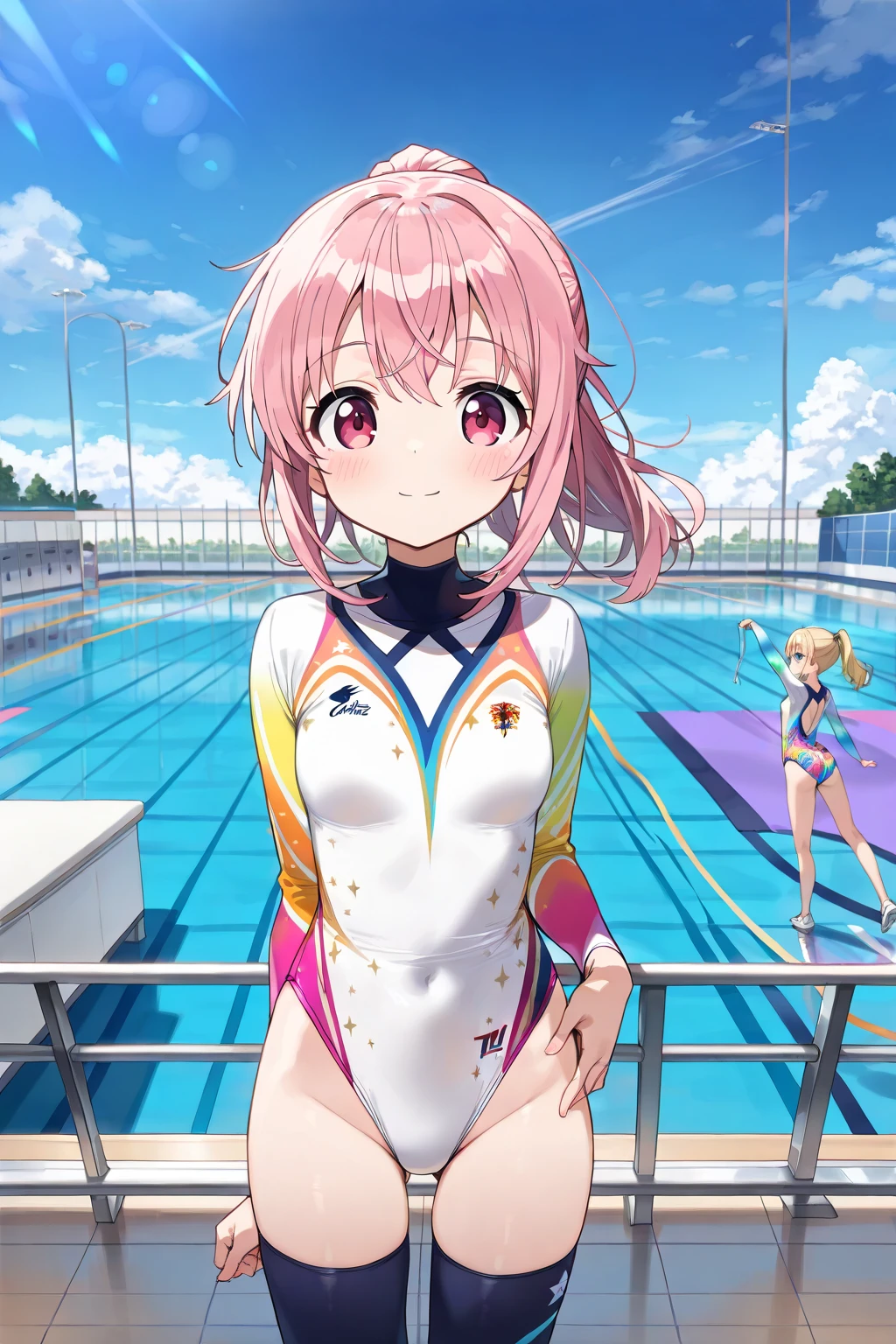 Highest quality、High resolution、Detailed Background、Beautiful face in every detail、Teenage beauty、Cute hair colors、Perfect body line、swimming、Olympic Stadium、The pool shines blue、The audience is filled with excitement、The sun is shining high、Elite athletes、Tone muscles、The swimmers line up at the edge of the pool waiting for the starting signal.、The players jump in together、Water splashes and swimmers swing their arms and kick their legs vigorously.、The water battle has begun、Healthy Beauty