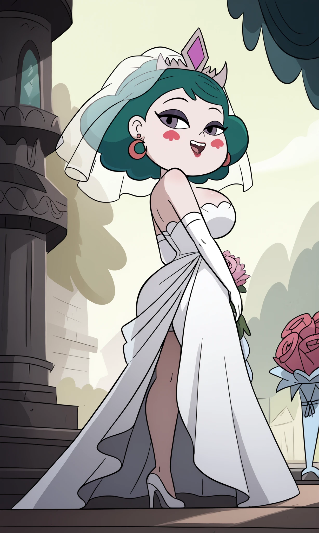 big head, , chibi style, chibi , chibi,cute chibi, (eclipsa butterfly) 1 girl, (from below), from side, ((focus on face)), side opening, ass visible through thighs, breasts, jewelry, solo, earrings, wedding dress, bouquet, makeup, cleavage, big breasts, smile, dress, strapless, strapless dress, open mouth, looking at viewer, eye shadow, lipstick, heart, wedding veil, wedding dress, white dress, white elbow-length gloves, white thighs, wide hips, thick thighs, outdoors, flowers,, , Eclipsa butterfly, green hair, short hair, purple eyes, blushing red stickers, perfectly round breasts, ((ransu33 art style)), perfectly round breasts, ((ransu33 art style))