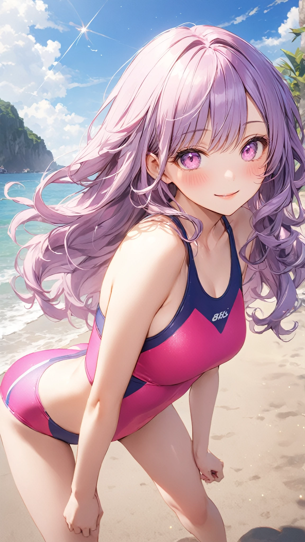 ((masterpiece、4K、8K、highest quality: 1.perfect fingers: 1.perfect anatomy: 1.3、background blur))、((Super precise expression))、((16 years old、thin、small face、super beautiful girl、straight long hair))、((white/pink/Light blue one-piece swimsuit))：1.2、barefoot、cute eyes：1.1、blush and panic（embarrassing）、（Lie、On your back、whole body、Angle taken from above：1.3)、blue sky、Hot sunshine、whiteい砂浜、
