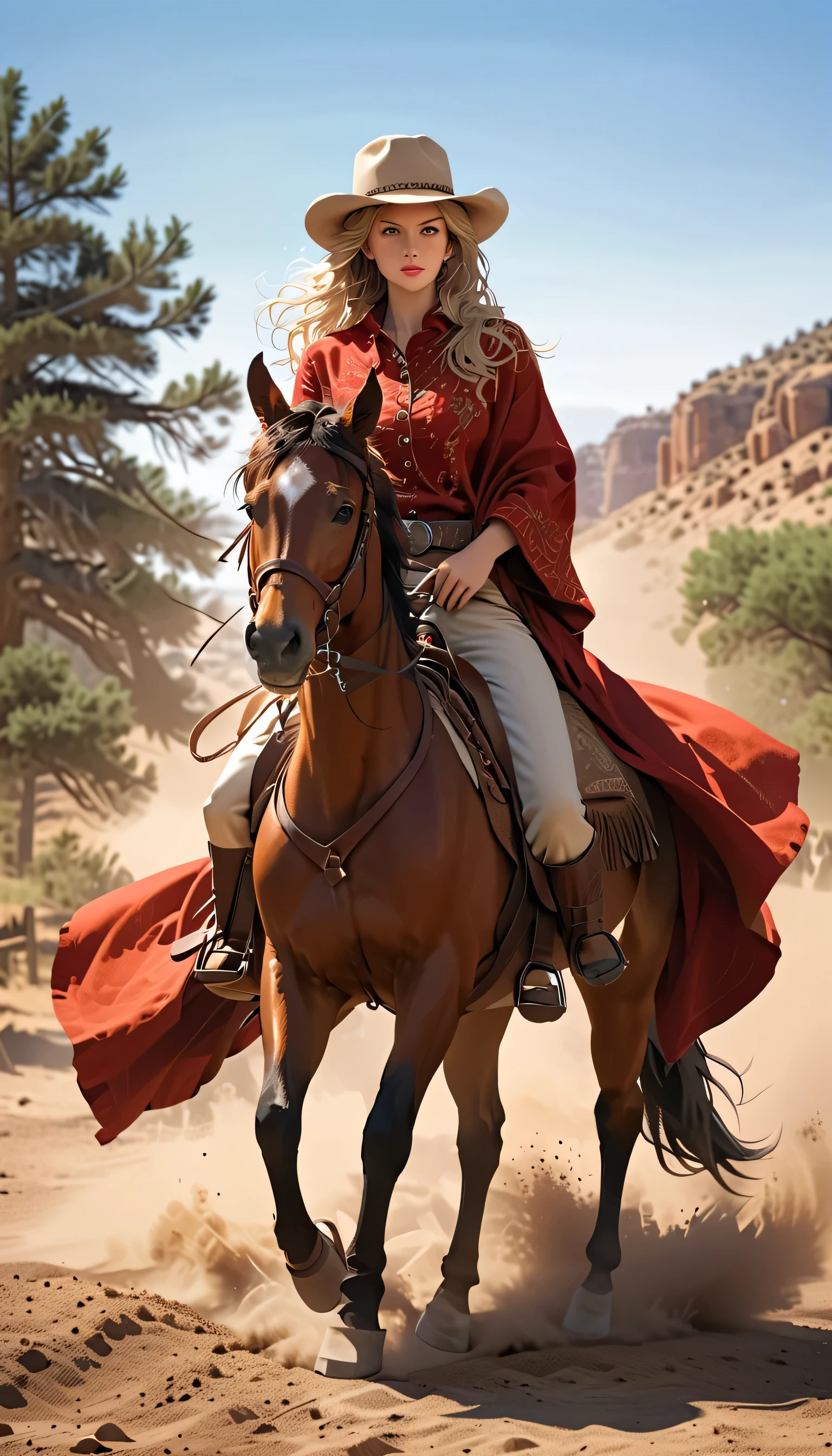 one female, ((Highest quality)), ((masterpiece)), (detailed), ((very detailed face)), High resolution photograph, ((full body portrait)), slim face, pretty woman, (platinum blonde long hair), blue eyes, detail eyes, double eyelids, (Beautiful Delicate Eyes and Lips), Good light, (A female Gunfighter in her 30s wearing a cowboy hat and cowboy boots,She wears a gun belt with a Colt Single Action Army revolver on her hip), A scene reminiscent of a movie from the Wild West in the American wilderness, She is wearing a Western-style red-brown Mexican poncho, (She is riding a horse through the wilderness kicking up dust), (realistic chestnut horse:1.3), (her long hair is blowing in the wind), (((Take a photo so that the horse's face is visible))), (She is holding a Winchester carbine rifle in her right hand), she is holding the Winchester M70 rifle up with the muzzle facing up, A cinematic wild west scene,