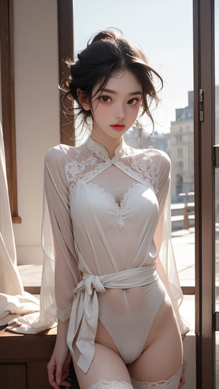 (realistic, animated cartoon, masterpiece), vivid, dynamic angle, Rainy Day, vivid Transparent Raindrops, A dense bamboo forest with no path, (Charming Young Model, Pale and white skin, Beautiful face with delicate details_Delicate round eyes filled with starlight, Closed thick pink glossy lips, high nose bridge, 17-year-old Caucasian Girl), Red, Frill sleeveless one piece, Sitting position, outdoor background, Selfie from Below, enlargement, perfect shot, pleasure, Clouds in the sky, vivid Quality, vivid silhouette, As if light was shining from the sky, animated cartoon, Clear outlines and silhouettes, 3D texture,
