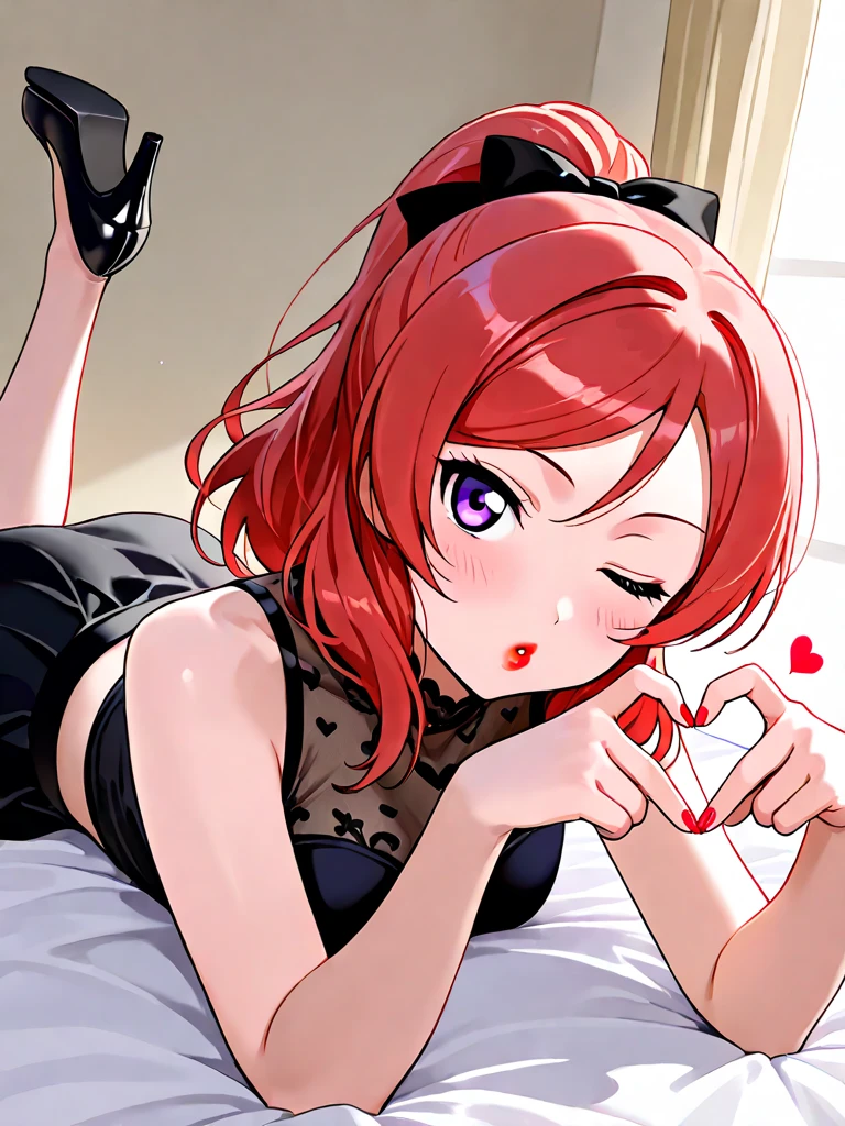 masterpiece, best quality, very aesthetic, absurdres, 1girl, dark red hair, purple eyes, ultra-detailed-hair, tiara, princess , queen, dress, v over mouth, lick, pixie cut