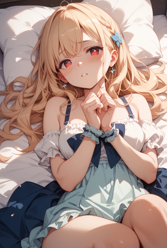 finely best quality, Top resolution, One Little Girl, (Small body), on the beds, {Sitting},Long blonde hair, (sundress),(see through), (Cloth), (From above), ((Face Focus)),(((Tears))),blush, Scared,flat chest, be sweaty,white panties,Cameltoe