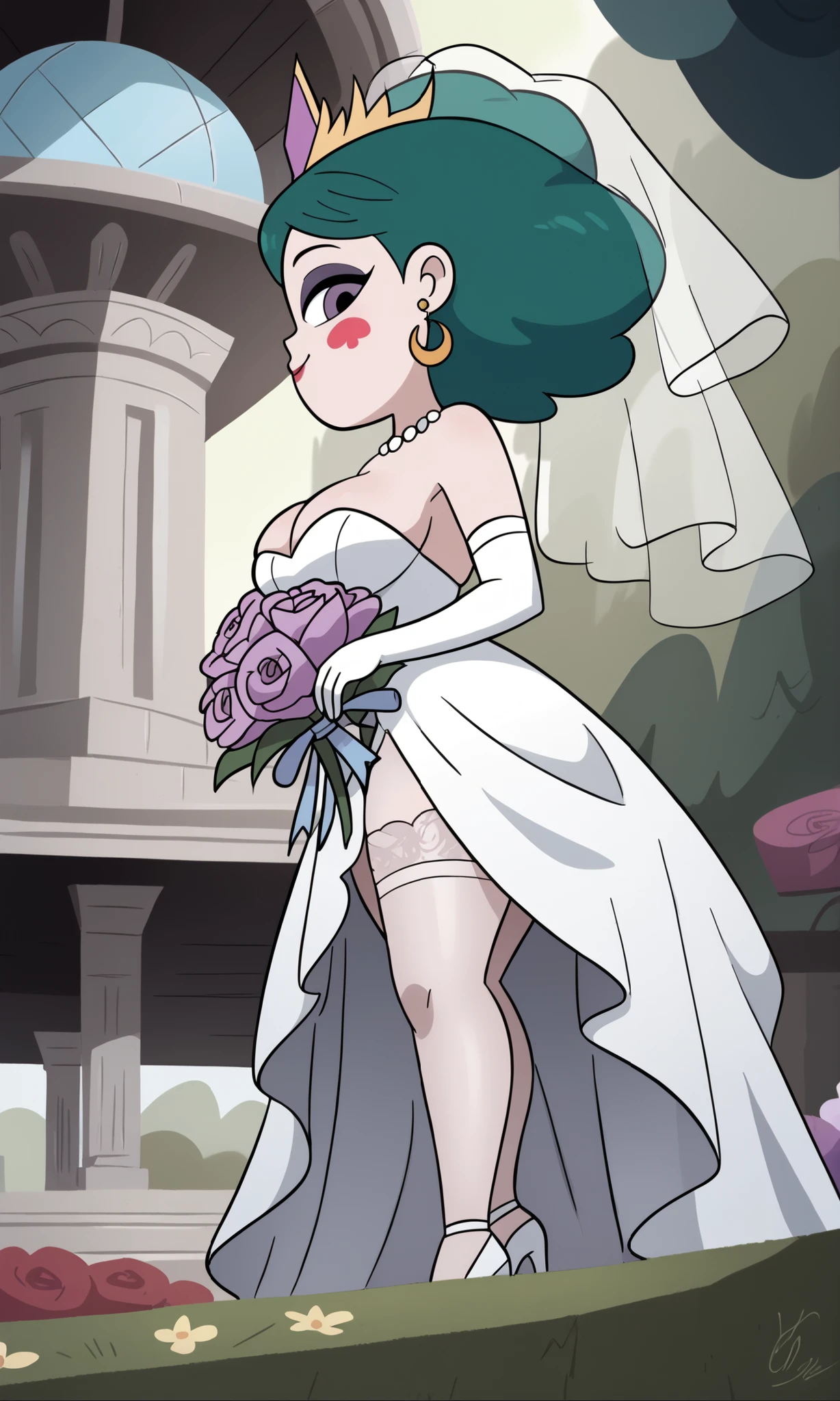 big head, , chibi style, chibi , chibi,cute chibi, (eclipsa butterfly) 1 girl, (from below), from side, ((focus on face)), side opening, ass visible through thighs, breasts, jewelry, solo, earrings, wedding dress, bouquet, makeup, cleavage, big breasts, smile, dress, strapless, strapless dress, closed mouth, looking at viewer, eye shadow, lipstick, heart, wedding veil, wedding dress, white dress, white elbow-length gloves, white thighs, wide hips, thick thighs, outdoors, flowers,, , Eclipsa butterfly, green hair, short hair, purple eyes, blushing red stickers, perfectly round breasts, ((ransu33 art style)), perfectly round breasts, ((ransu33 art style))